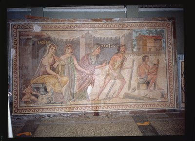 Floor depicting the fashioning of a wooden cow for Queen Pasiphae, from Belkis (now Zeugma) Turkey by Roman